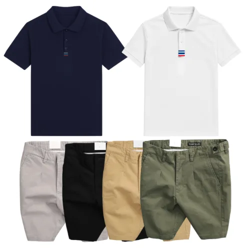 Set Bộ Nam - Áo Thun Nam Polo Cổ Bẻ Thêu 3 Sọc Đỏ Xanh Và Quần Short Kaki Co Giãn Phối Nút Cao Cấp (Có Size 36)