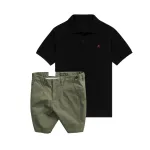 Set Bộ Nam - Áo Thun Nam Polo Cổ Bẻ Thêu Logo Chữ R Trước Ngực Và Quần Short Kaki Co Giãn Phối Nút Cao Cấp (Có Size 36)
