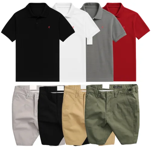 Set Bộ Nam - Áo Thun Nam Polo Cổ Bẻ Thêu Logo Chữ R Trước Ngực Và Quần Short Kaki Co Giãn Phối Nút Cao Cấp (Có Size 36)
