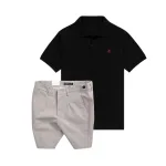 Set Bộ Nam - Áo Thun Nam Polo Cổ Bẻ Thêu Logo Chữ R Trước Ngực Và Quần Short Kaki Co Giãn Phối Nút Cao Cấp (Có Size 36)