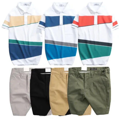 Set Bộ Nam - Áo Thun Nam Polo Cổ Bẻ Vải Thun Cá Sấu Poly Phối Kẻ Sọc Màu Và Quần Short Kaki Co Giãn Phối Nút Cao Cấp (Có Size 36)