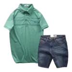 Set Bộ Nam Quần Short Jeans Phối Áo Thun Cotton Tay Ngắn Cổ Bẻ Có Túi