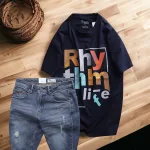Set Bộ Nam Quần Short Jeans Phối Áo Thun Cotton Cổ Tròn In Chữ
