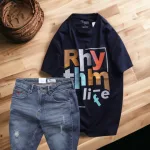 Set Bộ Nam Quần Short Jeans Phối Áo Thun Cotton Cổ Tròn In Chữ