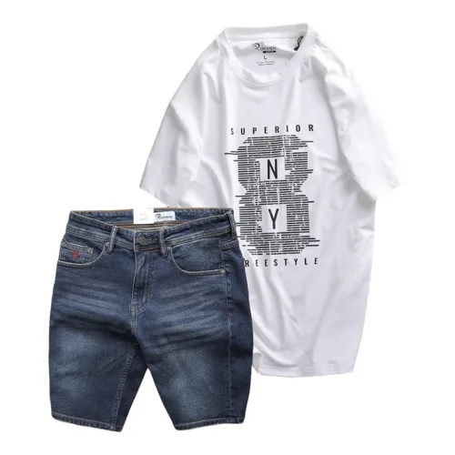 Set Bộ Nam Quần Short Jeans Phối Áo Thun Cotton Cổ Tròn In Chữ