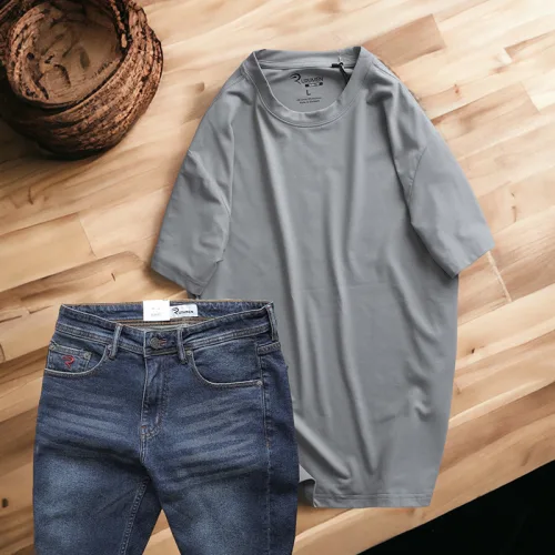 Set Bộ Nam Quần Short Jeans Phối Áo Thun Cotton Cổ Tròn In Chữ