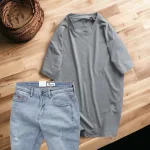 Set Bộ Nam Quần Short Jeans Phối Áo Thun Cotton Cổ Tròn In Chữ