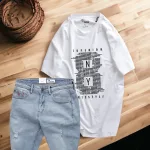 Set Bộ Nam Quần Short Jeans Phối Áo Thun Cotton Cổ Tròn In Chữ