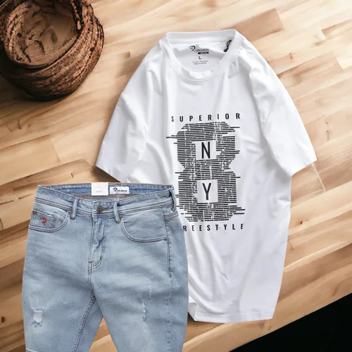 Set Bộ Nam Quần Short Jeans Phối Áo Thun Cotton Cổ Tròn In Chữ