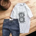 Set Bộ Nam Quần Short Jeans Phối Áo Thun Cotton Cổ Tròn In Chữ
