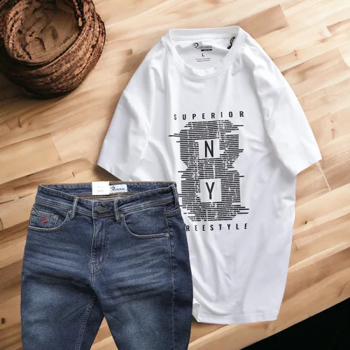 Set Bộ Nam Quần Short Jeans Phối Áo Thun Cotton Cổ Tròn In Chữ