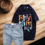 Set Bộ Nam Quần Short Jeans Phối Áo Thun Cotton Cổ Tròn In Chữ