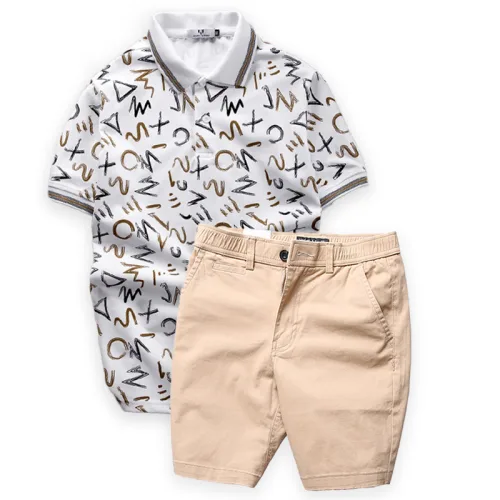 Set Bộ Nam Quần Short Kaki Lưng Thun Phối Áo Thun Polo Cổ Bẻ In Chữ MXO