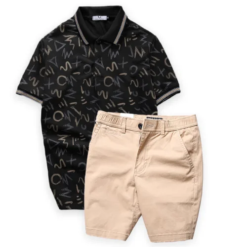 Set Bộ Nam Quần Short Kaki Lưng Thun Phối Áo Thun Polo Cổ Bẻ In Chữ MXO
