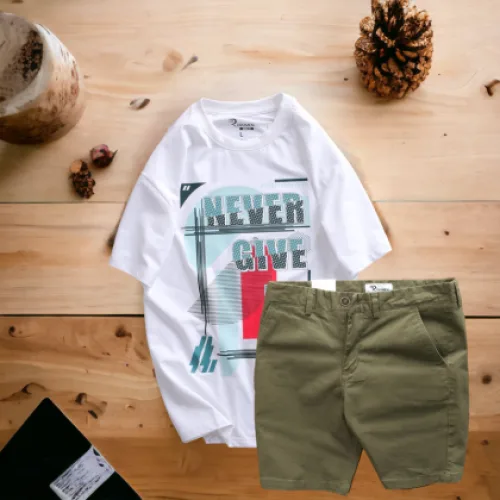 Set Bộ Nam Quần Short Kaki Rurumen Phối Áo Thun Cổ Tròn Big Size