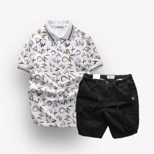 Set Bộ Nam Quần Short Kaki Túi Hộp Dây Rút Phối Áo Thun Nam Cổ Bẻ In Chữ MXO