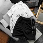 Set Bộ Nam Quần Short Phối Áo Thun Cổ Tròn Pack Hourse In Chữ Think Viền Sọc