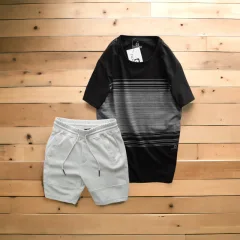 Set Bộ Nam Quần Short Thun Áo Cổ Tròn In Sọc Nhuyễn