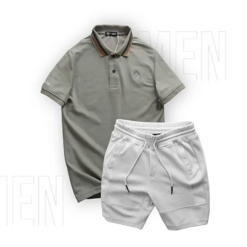 Set Bộ Nam Quần Short Thun Viền Sọc Phối Áo Thun Polo Cổ Bẻ Thêu Chữ G