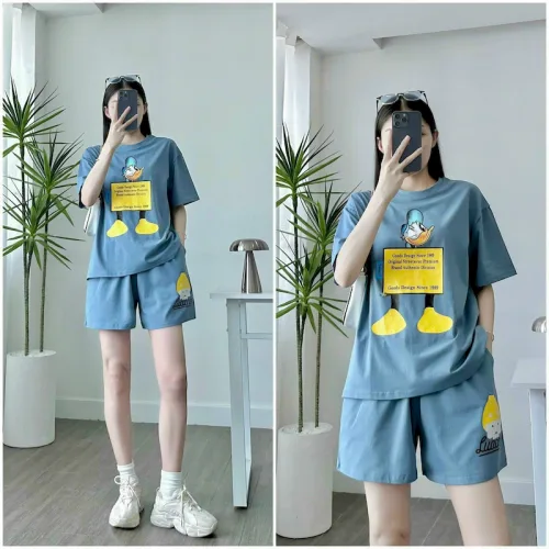 Set bộ thun nữ quần ngắn in hình vịt nháy mắt form rộng dưới 70kg