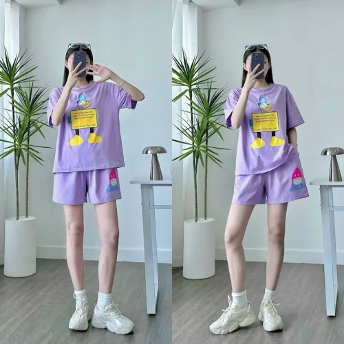 Set bộ thun nữ quần ngắn in hình vịt nháy mắt form rộng dưới 70kg