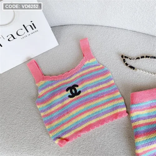 Sét crop 2 dây len sọc màu + chân váy