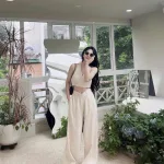 Sét crop cổ yếm cột dây eo + quần suông 2 màu