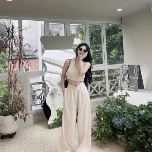Sét crop cổ yếm cột dây eo + quần suông 2 màu