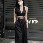 Sét crop cổ yếm cột dây eo + quần suông 2 màu