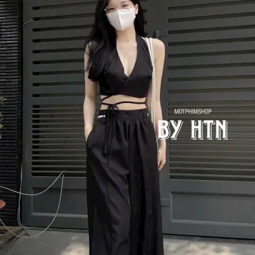 Sét crop cổ yếm cột dây eo + quần suông 2 màu