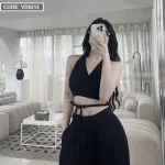 Sét crop cổ yếm cột dây eo + quần suông 2 màu