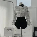 Sét crop dạ chocker hoa cổ + short đen