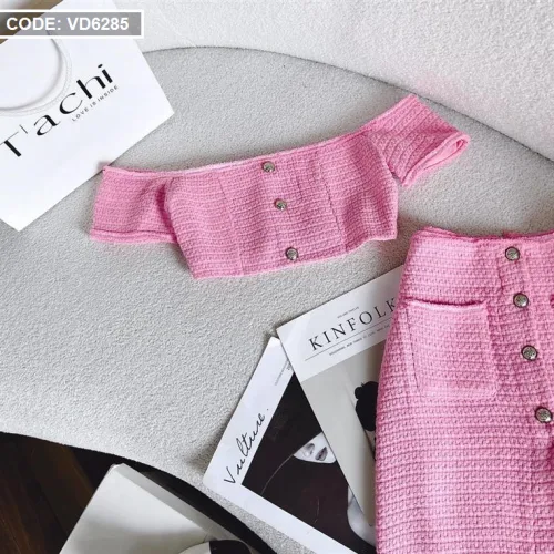 Sét crop dạ hồng rớt tay + quần suông