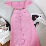 Sét crop dạ hồng rớt tay + quần suông