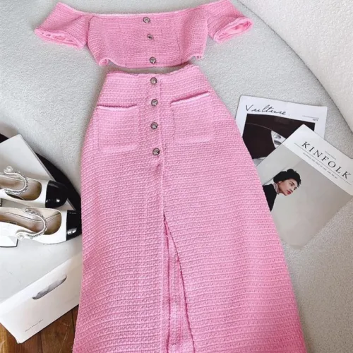 Sét crop dạ hồng rớt tay + quần suông