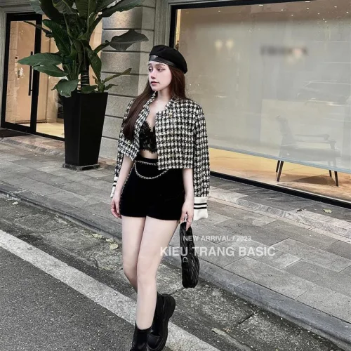 Sét crop dạ tay dài + short đen
