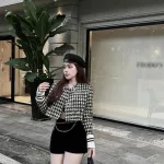 Sét crop dạ tay dài + short đen