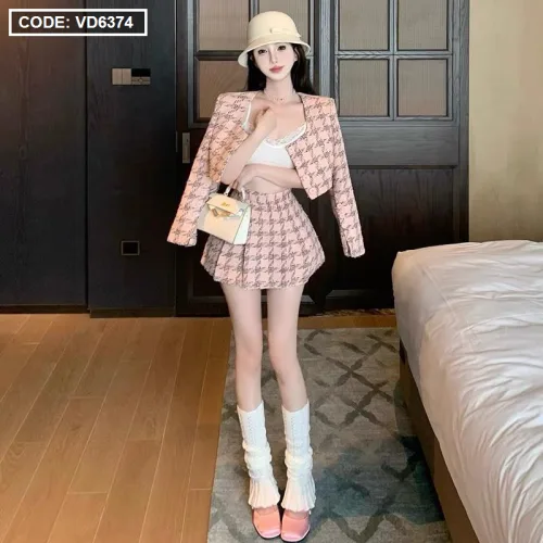 Sét crop dạ tím cổ vuông + chân váy