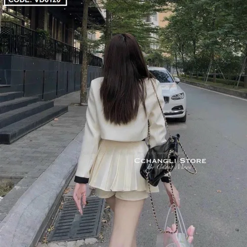 Sét crop dạ túi nắp viền thắt nơ cổ + chân váy xếp ly kèm nịt
