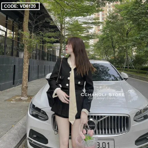 Sét crop dạ túi nắp viền thắt nơ cổ + chân váy xếp ly kèm nịt