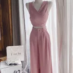 Sét crop hồng cột dây eo chéo lưng + quần suông