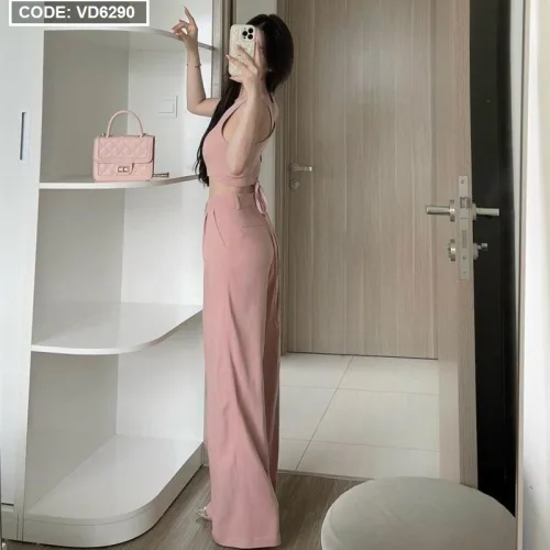 Sét crop hồng cột dây eo chéo lưng + quần suông