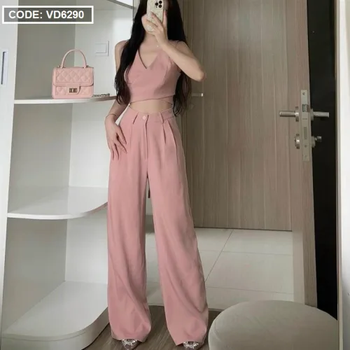 Sét crop hồng cột dây eo chéo lưng + quần suông
