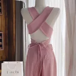 Sét crop hồng cột dây eo chéo lưng + quần suông