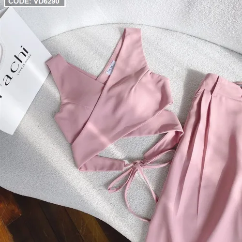Sét crop hồng cột dây eo chéo lưng + quần suông