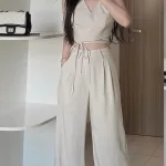 Sét crop nude cột dây eo chéo lưng + quần suông