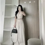 Sét crop nude cột dây eo chéo lưng + quần suông