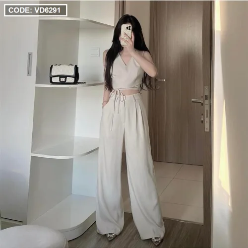 Sét crop nude cột dây eo chéo lưng + quần suông