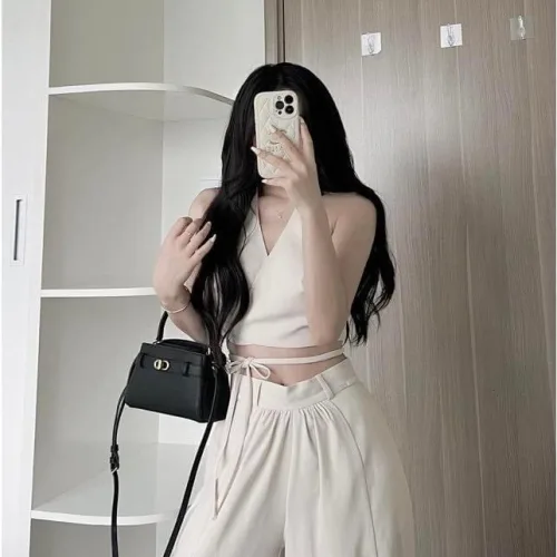 Sét crop nude cột dây eo chéo lưng + quần suông