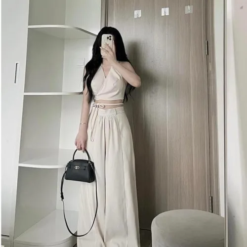 Sét crop nude cột dây eo chéo lưng + quần suông